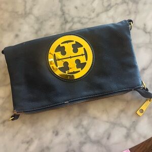 Tory Burch Navy Leather Clutch with Gold Emblem